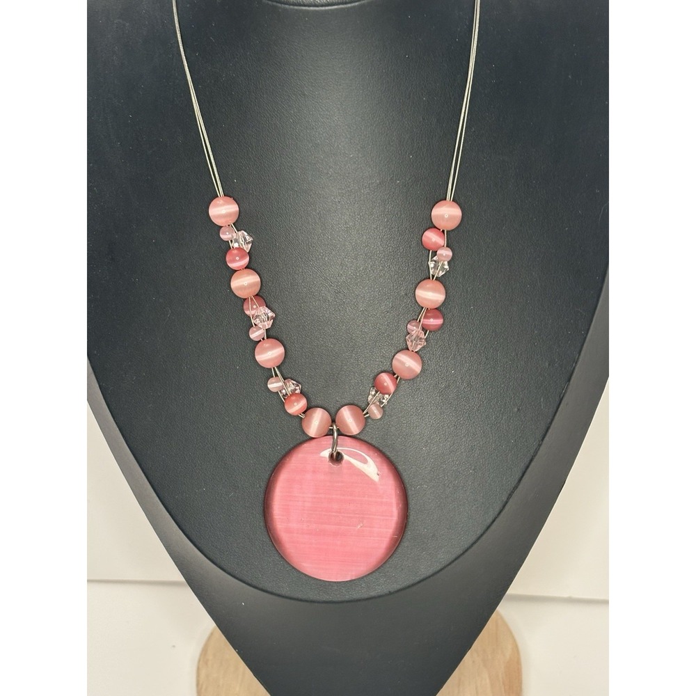 Rose Pink Glass Beaded Cateye Pendant Necklace 18"
